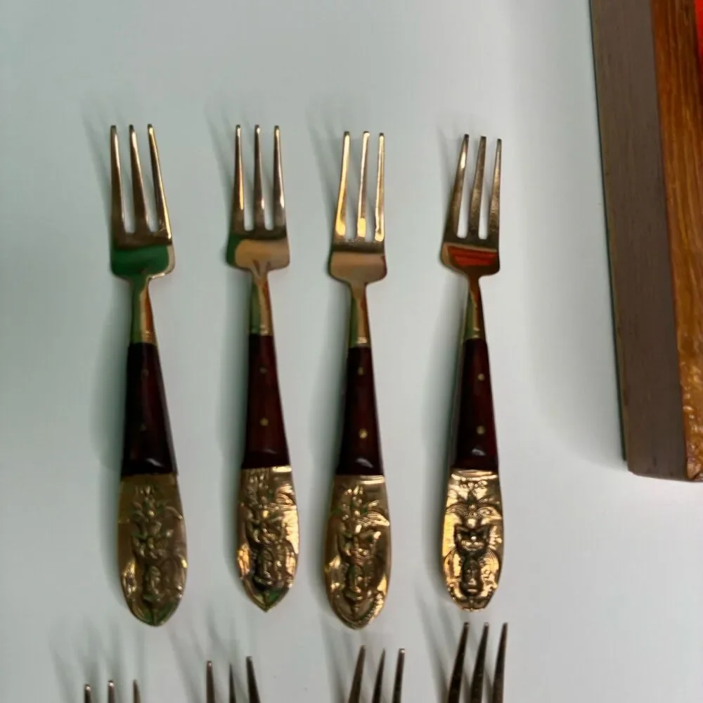 Vintage Thailand Siam Set For 8 Teak Brass Dessert Flatware w/Wooden Case